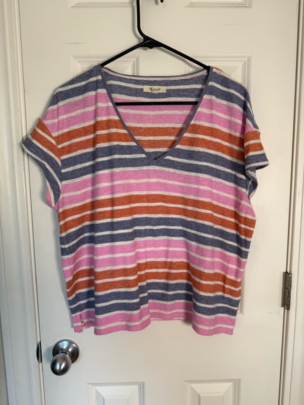 Madewell Striped V-Neck Tee in Pink, Orange & Gray